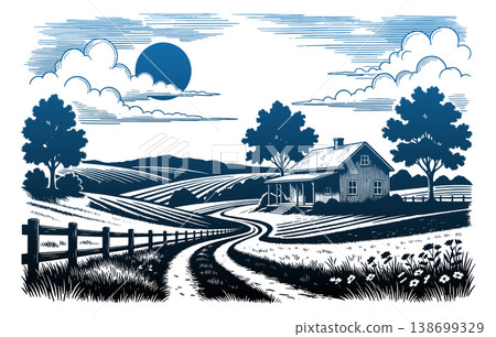 Rural Farm Landscape With House And Winding Road Rural Farm Landscape With House And Winding Road 138699329