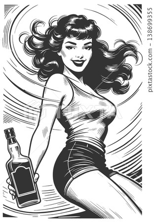 Retro Woman Holding Whiskey Bottle vector 138699355