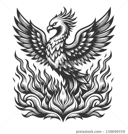 Phoenix Bird Rising From Flames engraving vector Phoenix Bird Rising From Flames engraving vector 138699359