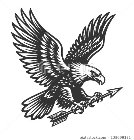 Flying Eagle Holding Arrow engraving sketch raster Flying Eagle Holding Arrow engraving sketch raster 138699381