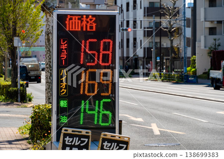 加油站的電子價格顯示器和城市街道景色 加油站的電子價格顯示器和城市街道景色 138699383