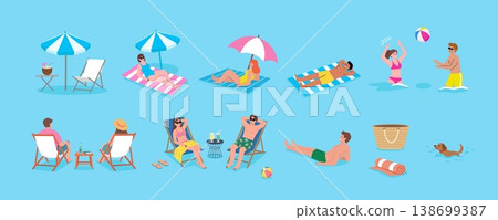 Flat Vector Summer Beach People and Vacation Activities Illustration Set Flat Vector Summer Beach People and Vacation Activities Illustration Set 138699387