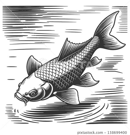 Koi Fish Swimming in Water engraving sketch vector 138699400