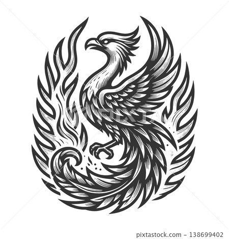 Phoenix Bird Rising From Flames engraving vector Phoenix Bird Rising From Flames engraving vector 138699402