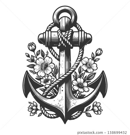 Nautical Anchor with Flowers engraving vector 138699432