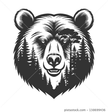 Bear Head with Forest Silhouette engraving vector 138699436