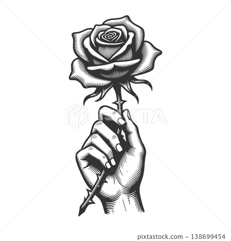 Hand Holding Rose Vintage Tattoo engraving vector 138699454