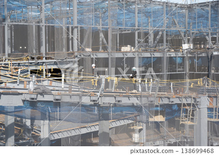Workers performing work at heights at a steel frame construction site and safety net 1 Workers performing work at heights at a steel frame construction site and safety net 1 138699468