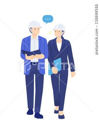 一幅全身向量插圖，描繪了一男一女戴著頭盔邊走邊開會——商務人士。 138699588