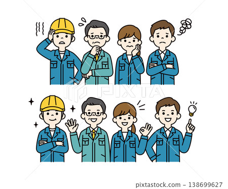 一組向量插圖,展示了多名身著工作服的男女員工的上半身,他們正在慶祝問題的解決。 一組向量插圖,展示了多名身著工作服的男女員工的上半身,他們正在慶祝問題的解決。 138699627