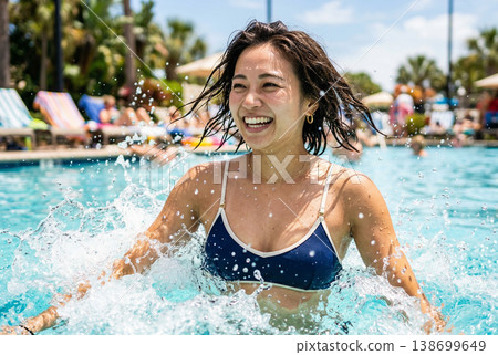 一位年輕的日本女子在游泳池的水花中露出笑容。 （生成式人工智慧） 138699649