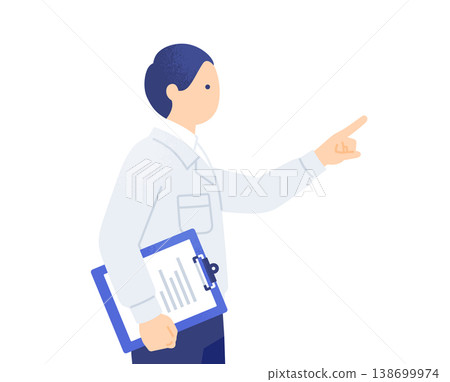 Vector illustration of a man in work clothes, holding a binder and giving instructions, showing his upper body in profile. 138699974