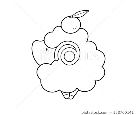 A simple line drawing of a sheep lying on its side with an orange on its head. A simple line drawing of a sheep lying on its side with an orange on its head. 138700141