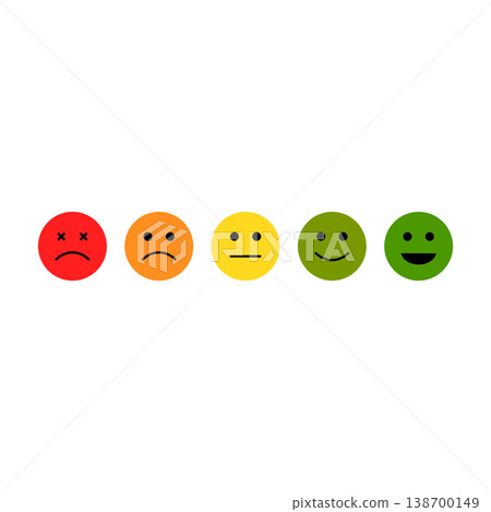 Feedback emoji icons vector. good and bad emoticon signs - Happy and Sad reaction. Five Color faces, Smiley rating icon set , happy, neutral, and sad. Vector illustration 138700149