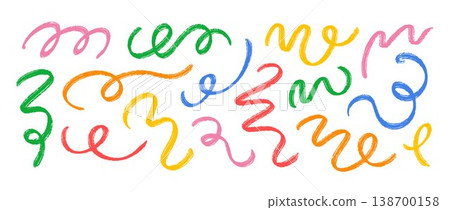 Hand drawn organic lines collection. Brush stroke squiggle shape set. Colored crayon curly wave bundle. Kid wiggly scribble elements pack for party decor, poster. Vector charcoal chalk swoosh stripes Hand drawn organic lines collection. Brush stroke squiggle shape set. Colored crayon curly wave bundle. Kid wiggly scribble elements pack for party decor, poster. Vector charcoal chalk swoosh stripes 138700158