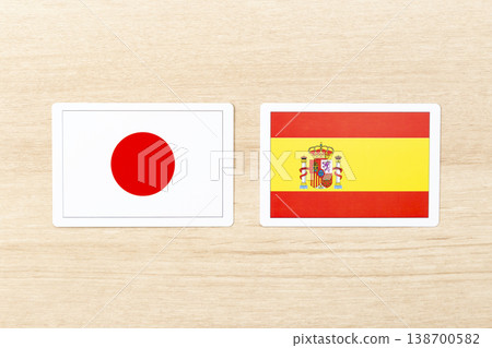 Japanese and Spanish flags placed on the table Japanese and Spanish flags placed on the table 138700582