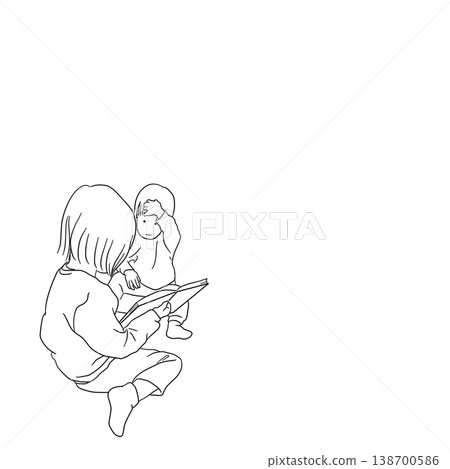 姊妹倆大聲朗讀圖畫書的線條畫插圖。 138700586