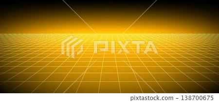 Yellow glow neon wireframe background. Bright shining checkered grid floor plane in perspective. Golden retro futuristic horizon wallpaper. Arcade game sci fi matrix landscape surface. Vector backdrop Yellow glow neon wireframe background. Bright shining checkered grid floor plane in perspective. Golden retro futuristic horizon wallpaper. Arcade game sci fi matrix landscape surface. Vector backdrop 138700675