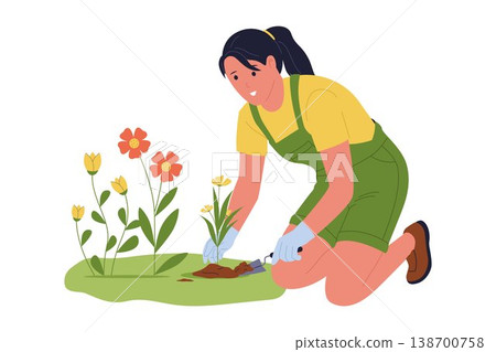 Woman Planting Flower Seedlings in Garden Woman Planting Flower Seedlings in Garden 138700758
