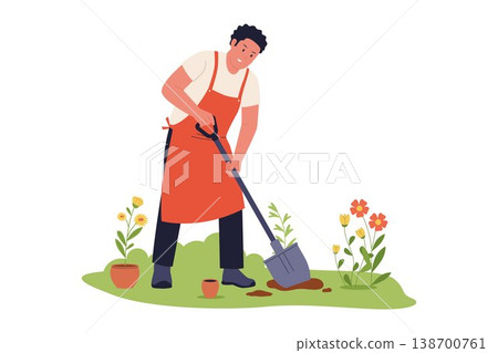 Man Digging Ground with Shovel in Garden 138700761