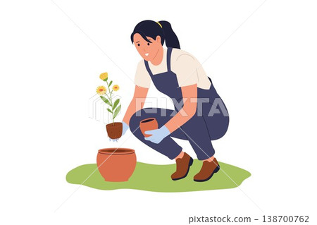 Woman Repotting Potted Plants in Garden Woman Repotting Potted Plants in Garden 138700762