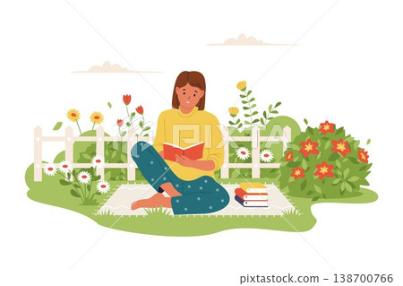 Woman Reading a Book in a Peaceful Flower Garden Woman Reading a Book in a Peaceful Flower Garden 138700766