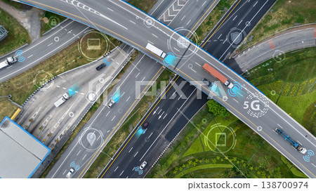 Aerial view of modern highway interchange with autonomous vehicles and connectivity symbols. Smart traffic systems and 5G technology for future transportation and intelligent mobility solutions. 138700974