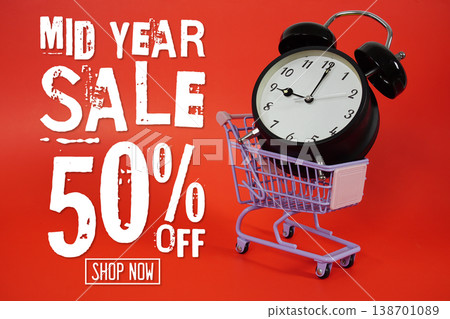 Mid Year Sale 50% off Promotion and Marketing with trolley shopping cart and alarm clock on red background Mid Year Sale 50% off Promotion and Marketing with trolley shopping cart and alarm clock on red background 138701089