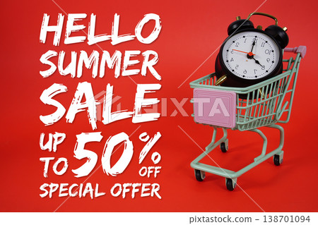 Summer Sale 50% off Promotion and Marketing with trolley shopping cart and alarm clock on red background Summer Sale 50% off Promotion and Marketing with trolley shopping cart and alarm clock on red background 138701094