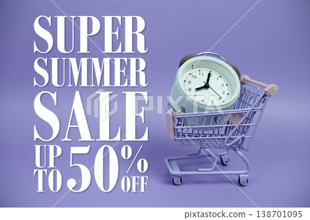 Summer Sale 50% off Promotion and Marketing with trolley shopping cart and alarm clock on purple background Summer Sale 50% off Promotion and Marketing with trolley shopping cart and alarm clock on purple background 138701095