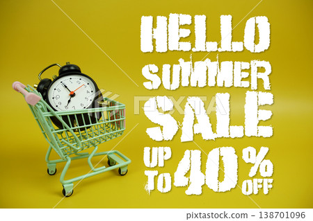Summer Sale 40% off Promotion and Marketing with trolley shopping cart and alarm clock on yellow background Summer Sale 40% off Promotion and Marketing with trolley shopping cart and alarm clock on yellow background 138701096