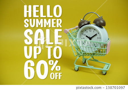 Summer Sale 60% off Promotion and Marketing with trolley shopping cart and alarm clock on yellow background Summer Sale 60% off Promotion and Marketing with trolley shopping cart and alarm clock on yellow background 138701097