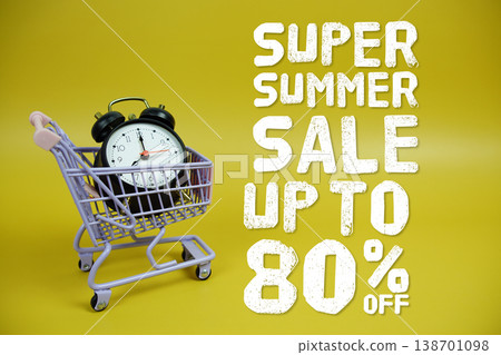 Summer Sale 80% off Promotion and Marketing with trolley shopping cart and alarm clock on yellow background Summer Sale 80% off Promotion and Marketing with trolley shopping cart and alarm clock on yellow background 138701098