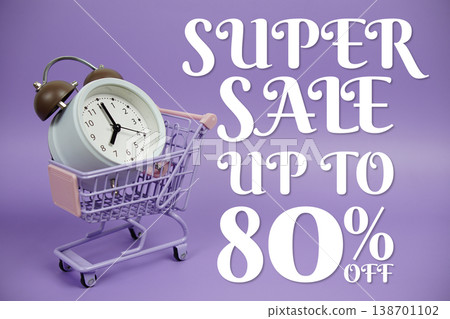 Super Sale 80% off Promotion and Marketing with trolley shopping cart and alarm clock on purple background Super Sale 80% off Promotion and Marketing with trolley shopping cart and alarm clock on purple background 138701102