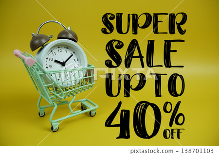 Super Sale 40% off Promotion and Marketing with trolley shopping cart and alarm clock on yellow background 138701103