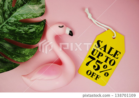 Price tag Sale 75% with summer decorations on pink background 138701109