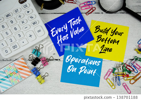 Every Task Has Value, Build Your Bottom Line, Operations On Point text written on paper note with calculator and magnifying glass on wooden background 138701188