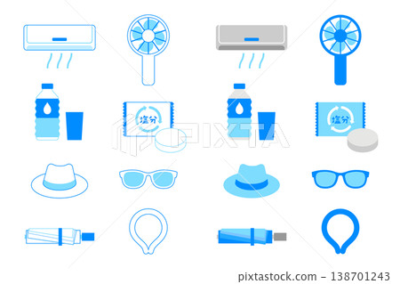 Icon set for heatstroke prevention: Vector materials including line art and colored illustrations for heatstroke prevention, salt replenishment, and awareness campaigns. 138701243