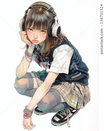 A high school girl wearing headphones and glaring menacingly. 138701324