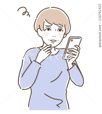 向量圖描繪了中年女性（40歲、50歲、60歲）焦慮地看著智慧型手機螢幕的情景。 138701425