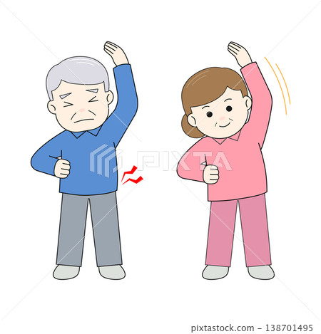 插圖描繪了老年男女進行運動以預防老化的情景。 138701495