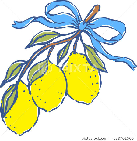 Coquette Girly Lemons on a Branch with Blue Ribbon Whimsical Hand drawn 138701506