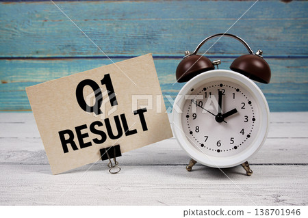 Q1 Result text written on paper card with alarm clock on wooden background Q1 Result text written on paper card with alarm clock on wooden background 138701946