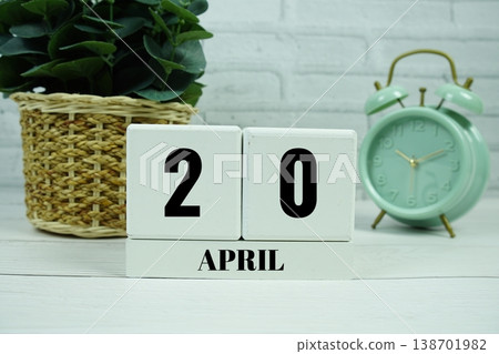 Wooden Calendar Showing the Date of April 20th. Day 20 of April month 138701982