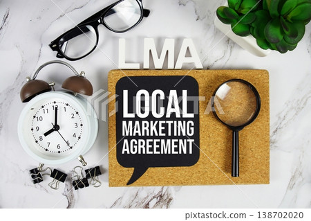 LMA - Local Marketing Agreement acronym with alarm clock and magnifying glass, Business concept background 138702020