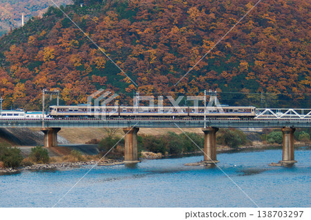 一列塗裝更新的山陽本線 115 系列列車駛過秋色絢麗的吉井川(姬路-相生 ⇔ 岡山)。 一列塗裝更新的山陽本線 115 系列列車駛過秋色絢麗的吉井川(姬路-相生 ⇔ 岡山)。 138703297
