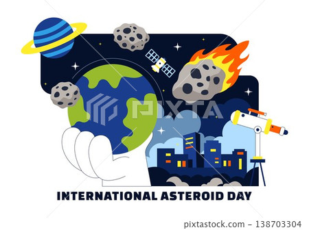 World Asteroid Day Vector Illustration Featuring Earth, Space Rockets, Meteor Impact, and Planetary Defense Awareness Design 138703304