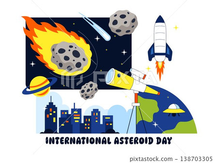 World Asteroid Day Vector Illustration Featuring Earth, Space Rockets, Meteor Impact, and Planetary Defense Awareness Design 138703305