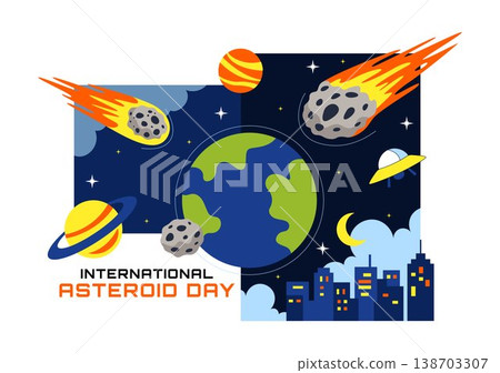 World Asteroid Day Vector Illustration Featuring Earth, Space Rockets, Meteor Impact, and Planetary Defense Awareness Design World Asteroid Day Vector Illustration Featuring Earth, Space Rockets, Meteor Impact, and Planetary Defense Awareness Design 138703307