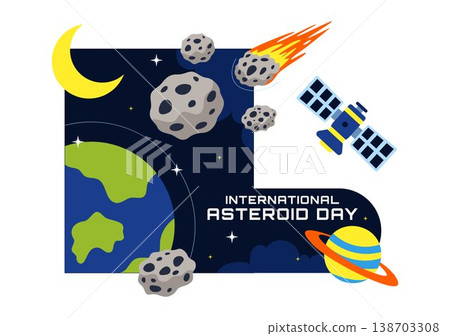 World Asteroid Day Vector Illustration Featuring Earth, Space Rockets, Meteor Impact, and Planetary Defense Awareness Design 138703308